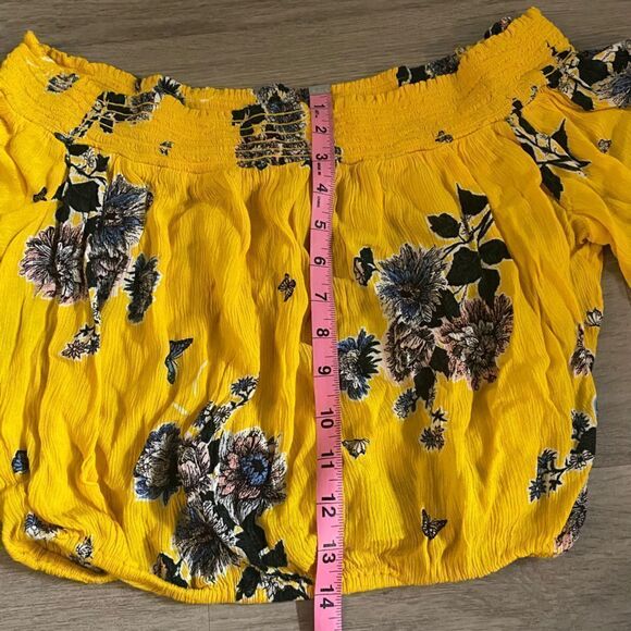 Arizona Jean co vibrant yellow cropped floral shirt sleeve top size large - Picture 6 of 6